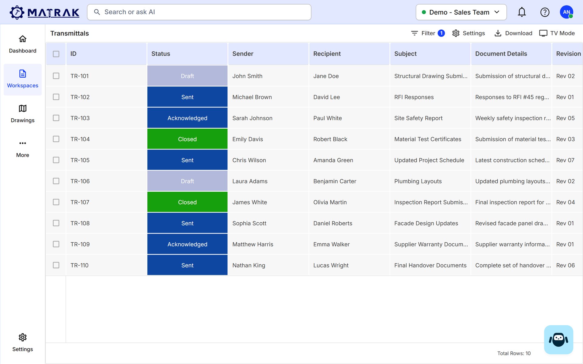 A Matrak custom report: transmittals with sender, recipient, subject and status draft, sent, acknowledged or closed