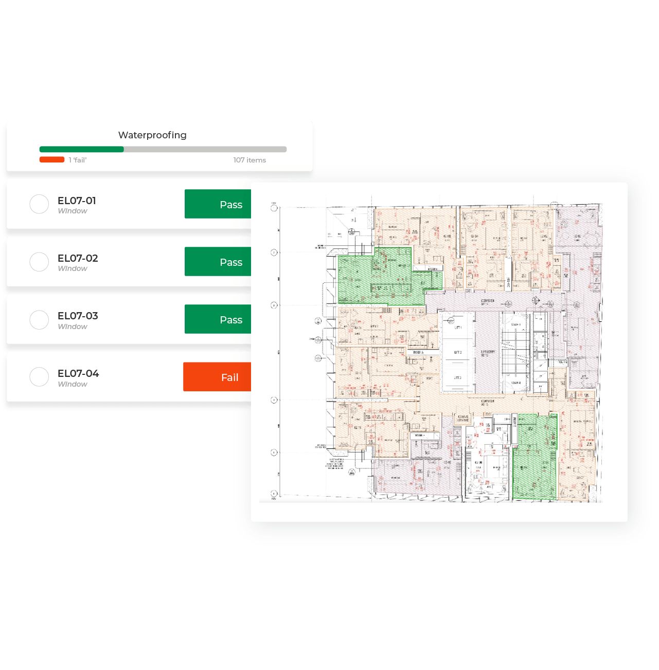 Matrak waterproofing checks: windows EL07-01 to 04 marked pass or fail beside the floor plan