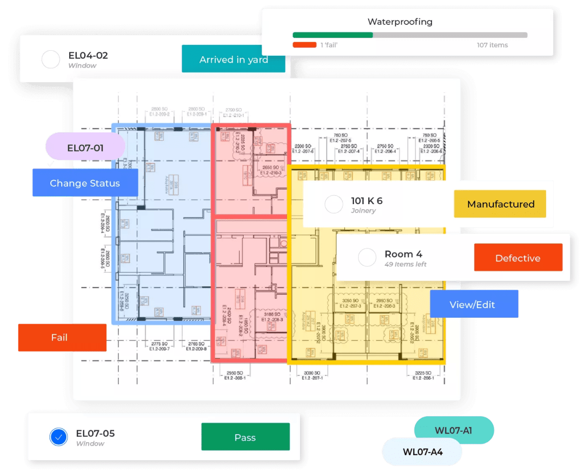 A Matrak floor plan coloured by status with item cards: arrived in yard, manufactured, defective, change status
