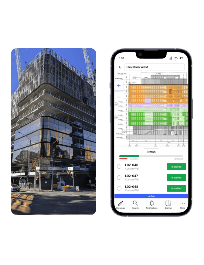 The Matrak mobile app beside a building under construction: an elevation coloured by status and items marked installed