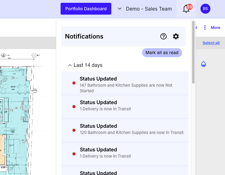 Matrak notifications panel: status updated, 120 bathroom and kitchen supplies now in transit, a delivery now in transit